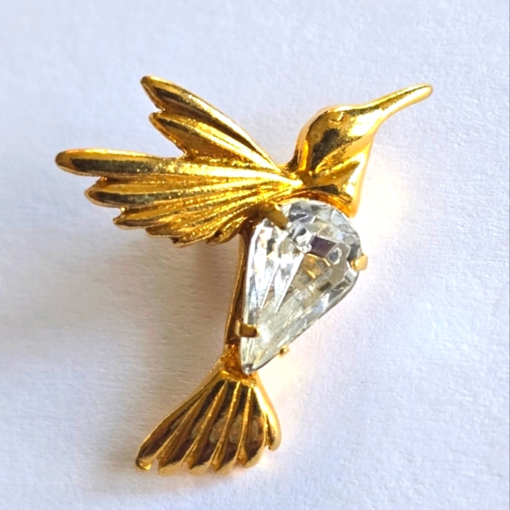 Vintage hummingbird brooch jelly belly gold tone bird pin clear rhinestone